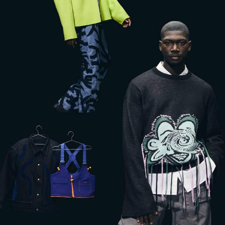 Collage of Model Victor Kunda modelling fashion items from Black fashion designers alongside various apparel items.